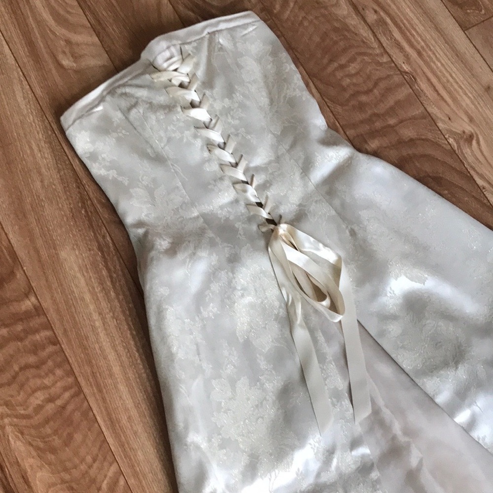 Ivory and gold damask prom dress